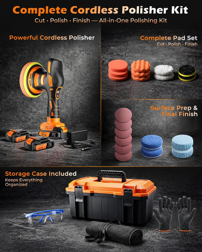 CORANEX 8-Speed Cordless Car Buffer Polisher Kit, 28 PCS Complete Kit Orange