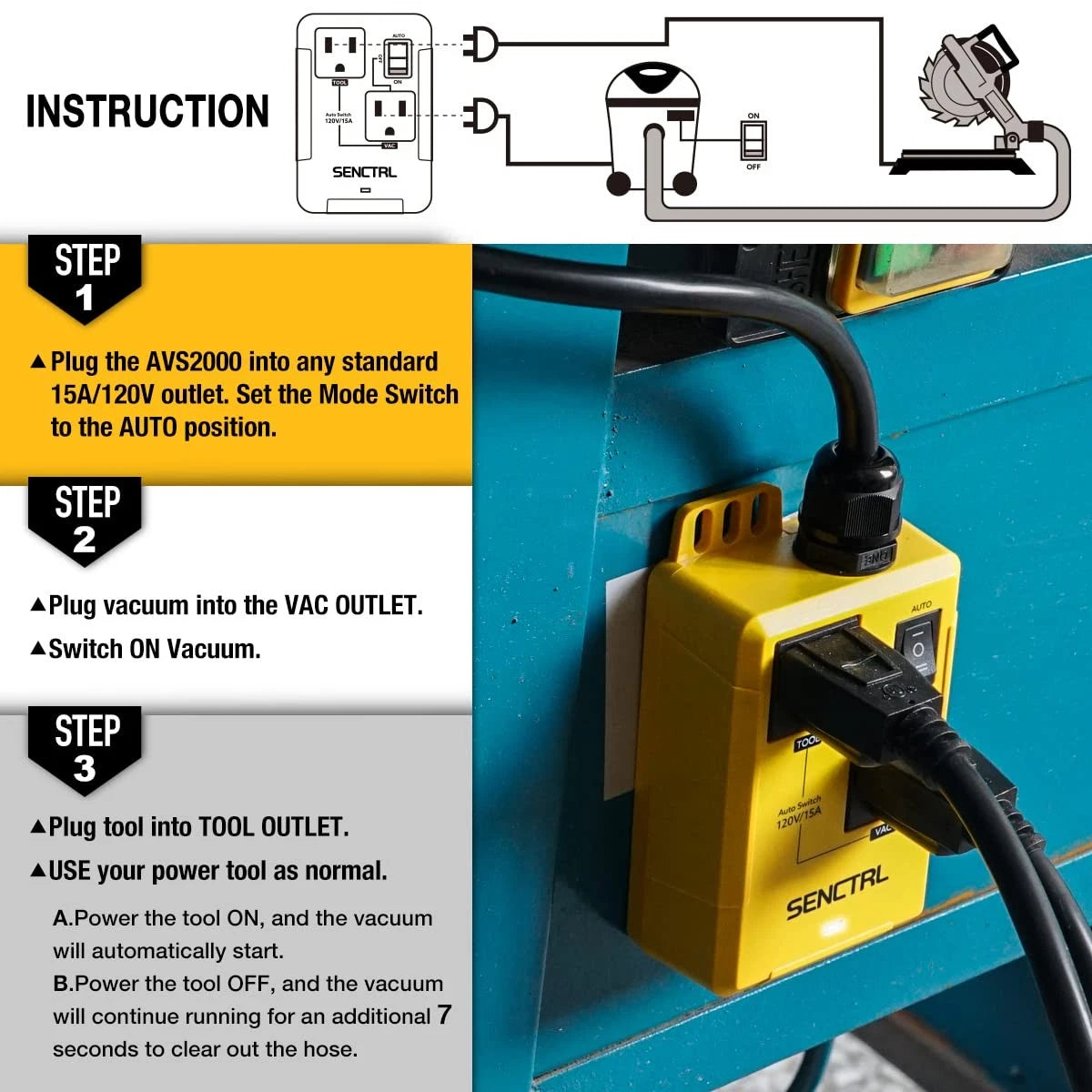 SENCTRL Automatic Vacuum Switch Allow Power Tool/Table 19.5 Inch (0.5 Meters)