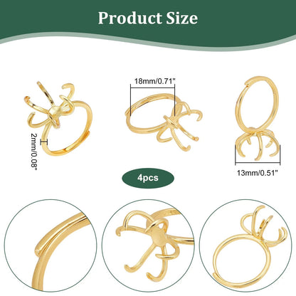 NBEADS 4 Pcs Claw Ring Blank, Adjustable Brass Bases 18mm Finger 8, Gold