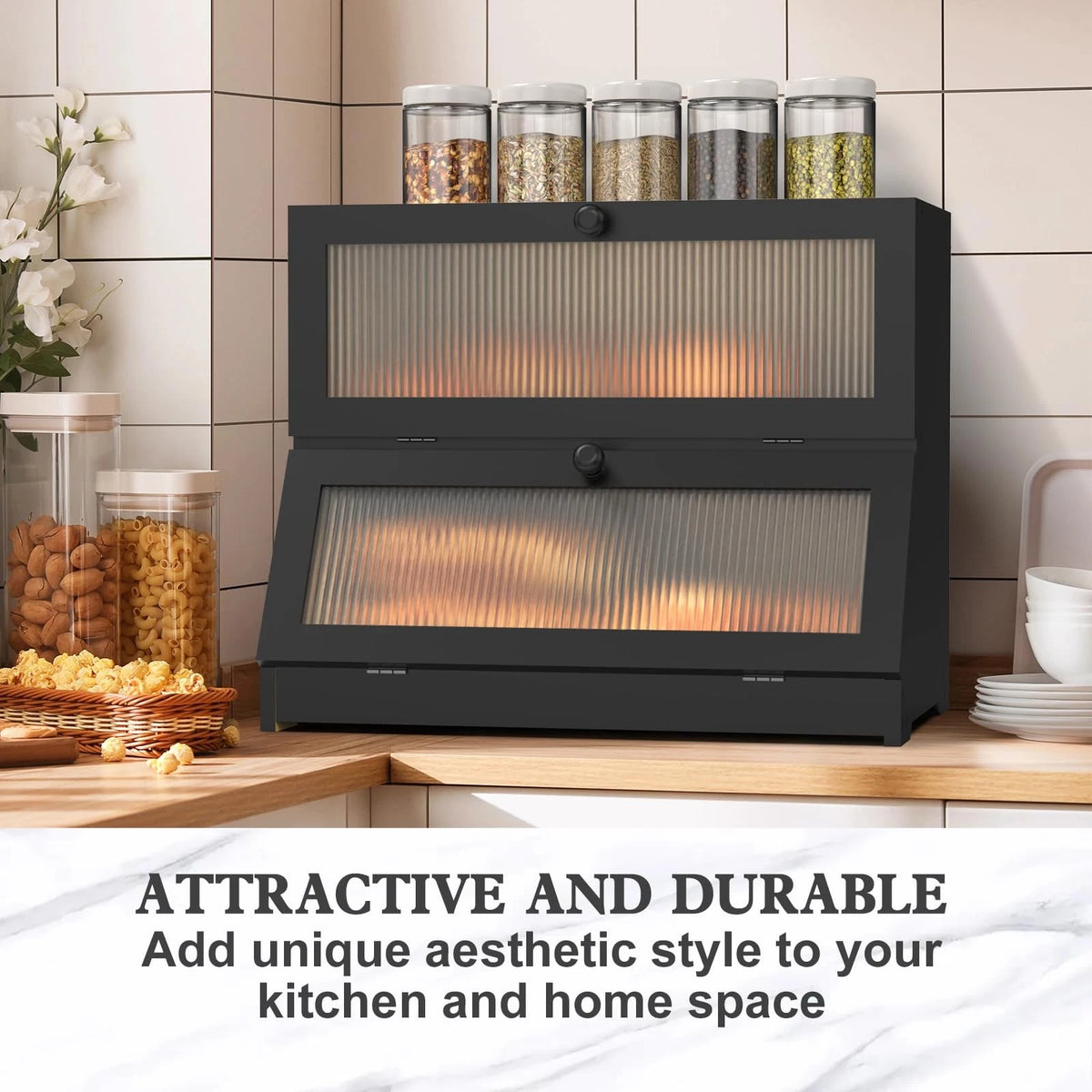 LOHASOK Double Layer Bamboo Bread Box for Kitchen Counter-Large Black