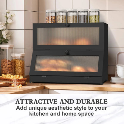 LOHASOK Double Layer Bamboo Bread Box for Kitchen Counter-Large Black
