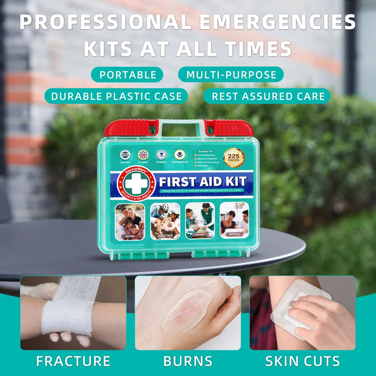 SuccorWare 225 Pieces First Aid Kit, Includes Ice Pack, Adhesive Bandages,...