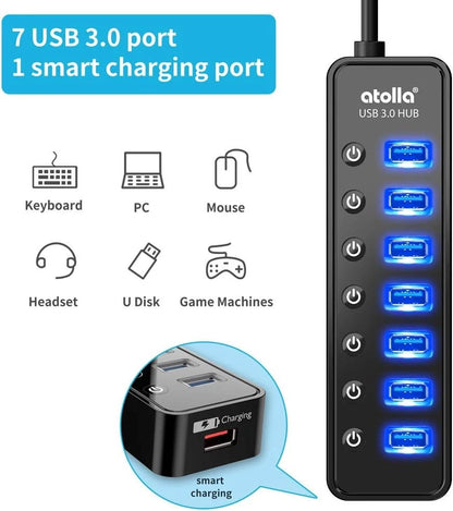 Powered USB Hub 3.0, Atolla 7-Port Data Splitter with One Smart black