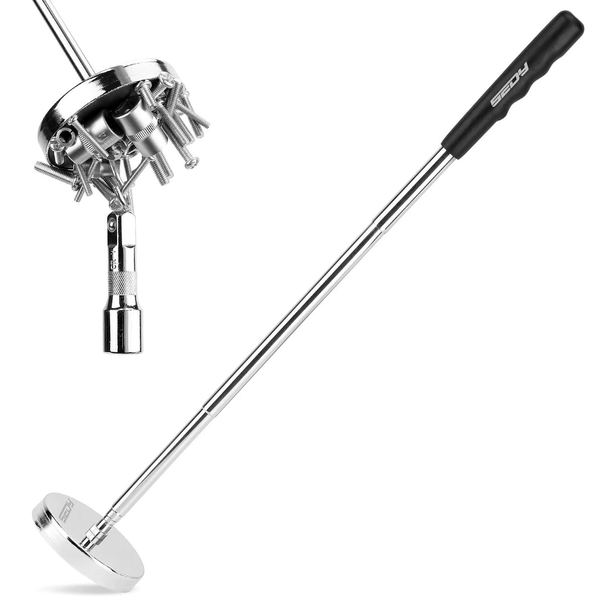 Telescoping Magnetic Sweeper Pickup Tool: Strong Magnet Pick Silver / Black