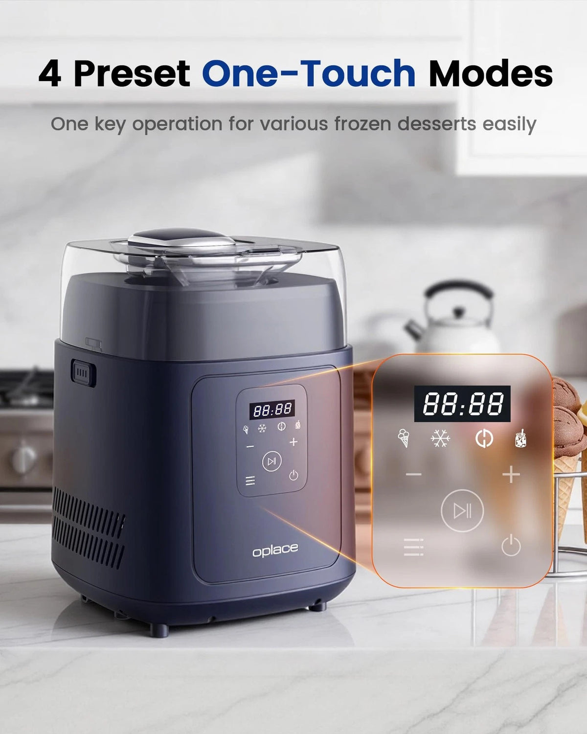 Oplace 4-in-1 Compressor Ice Cream Maker (1.0Qt), No 1.0Qt, Blue