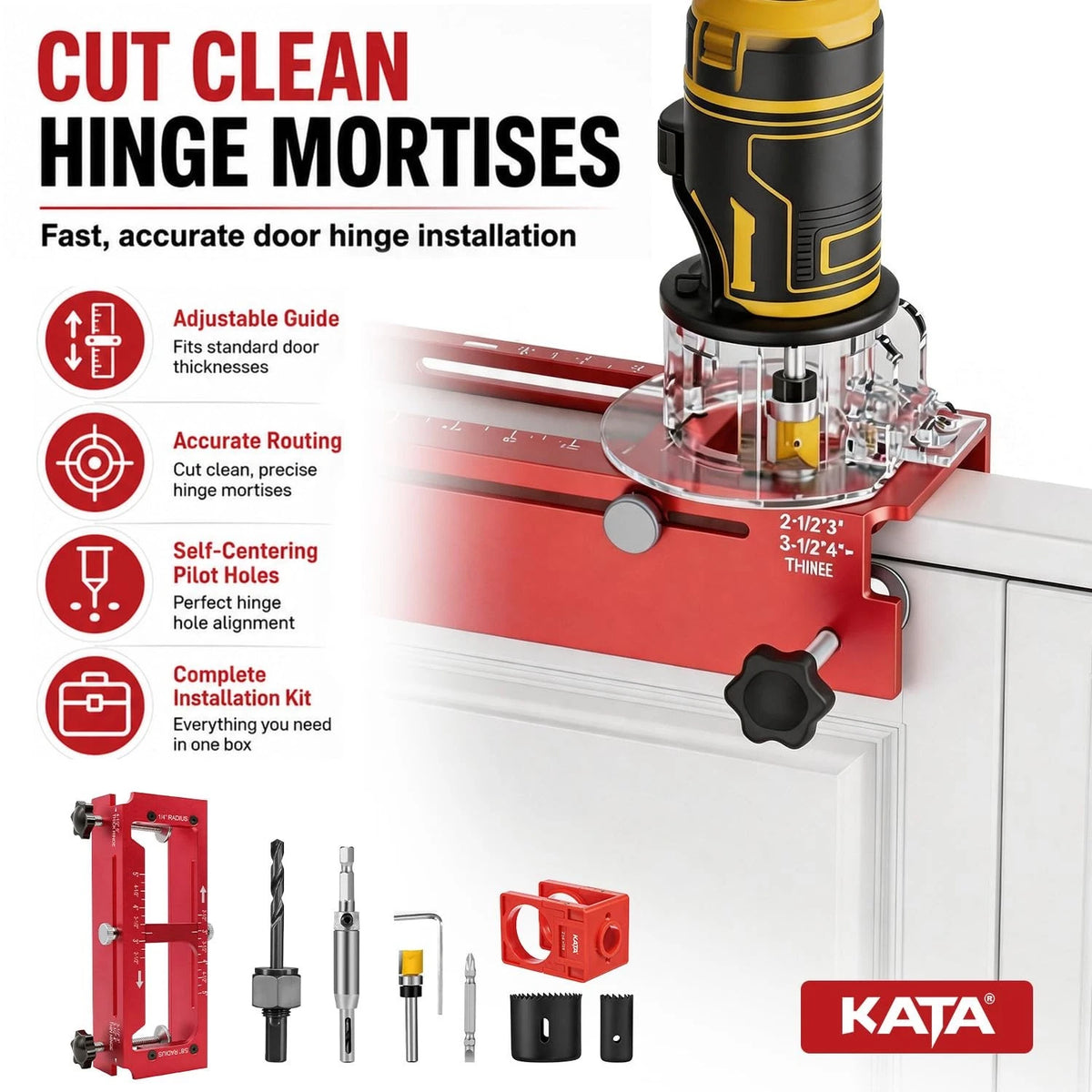 KATA Door Hinge Mortise Jig & Lock Installation Kit for 2.5"–5" Red