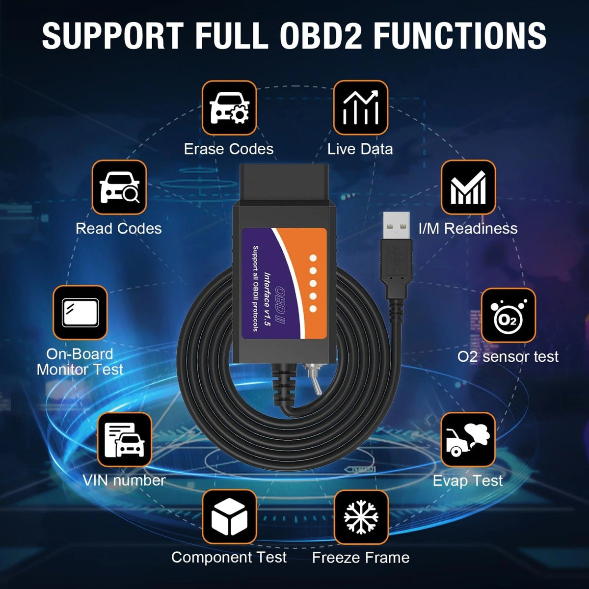 OBDMONSTER ELM327 OBD2 USB Adapter for Windows, ELMconfig Scanner with black