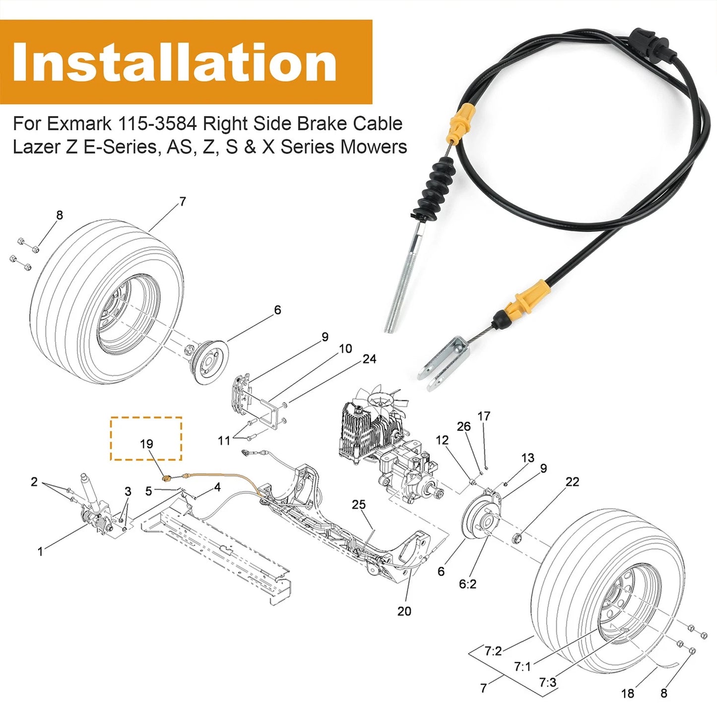 115-3584 Right Side Brake Control Cable Fits Exmark Lazer Z E-Series,AS,Z, S & X