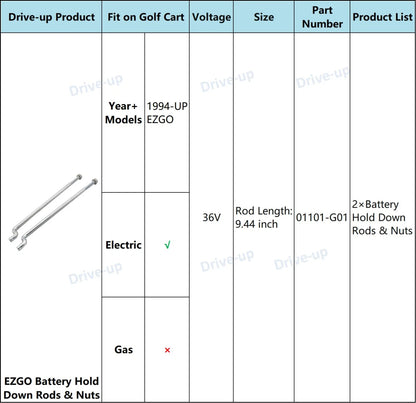 Drive-up Golf Cart Battery Hold Down Rods Kit for EZGO 2 Pcs Rod