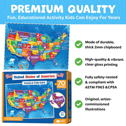 United States Puzzles for 70 pieces, 60 cm x 44 cm, Usa Map Puzzle Kids