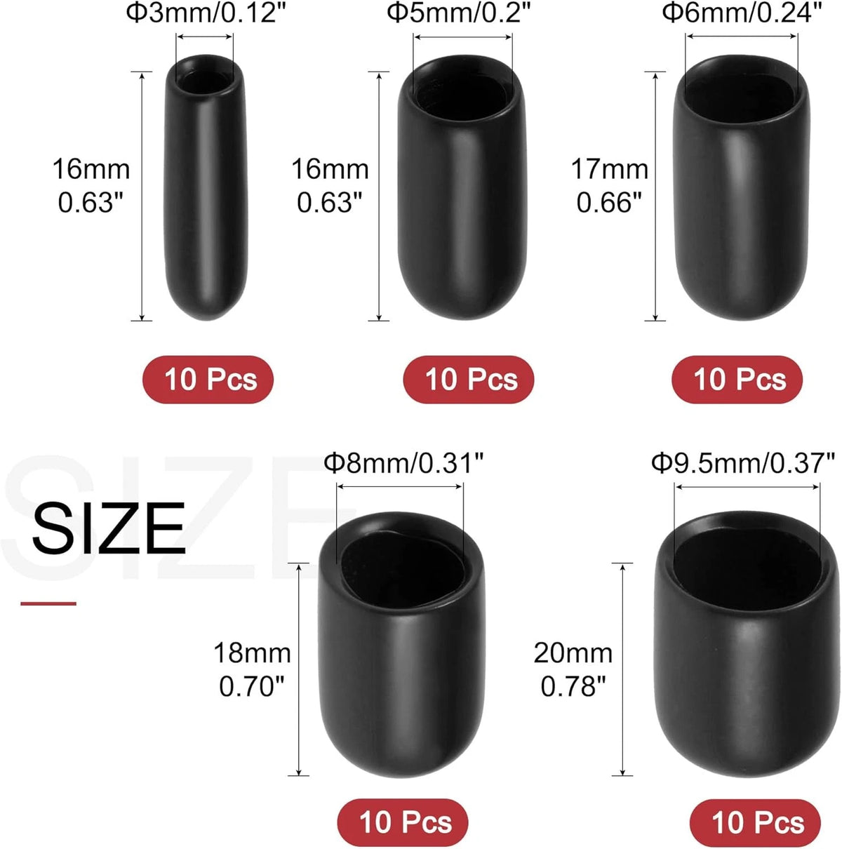 uxcell 50pcs Round Rubber End Caps 1/8" 3/16" 1/4" 5/16" 3/8" Black