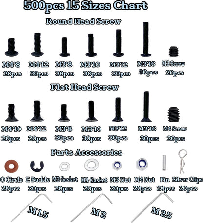 500pcs RC Screws Kit,RC for Traxxas Arrma Axial Redcat One Size, Black