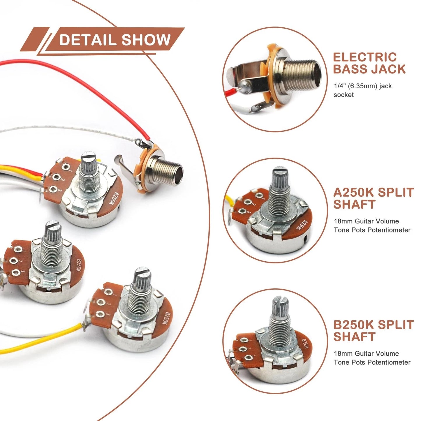SAPHUE Bass Wiring Harness Prewired Kit 250K Big Pots 2 Volume 1 Tone For...