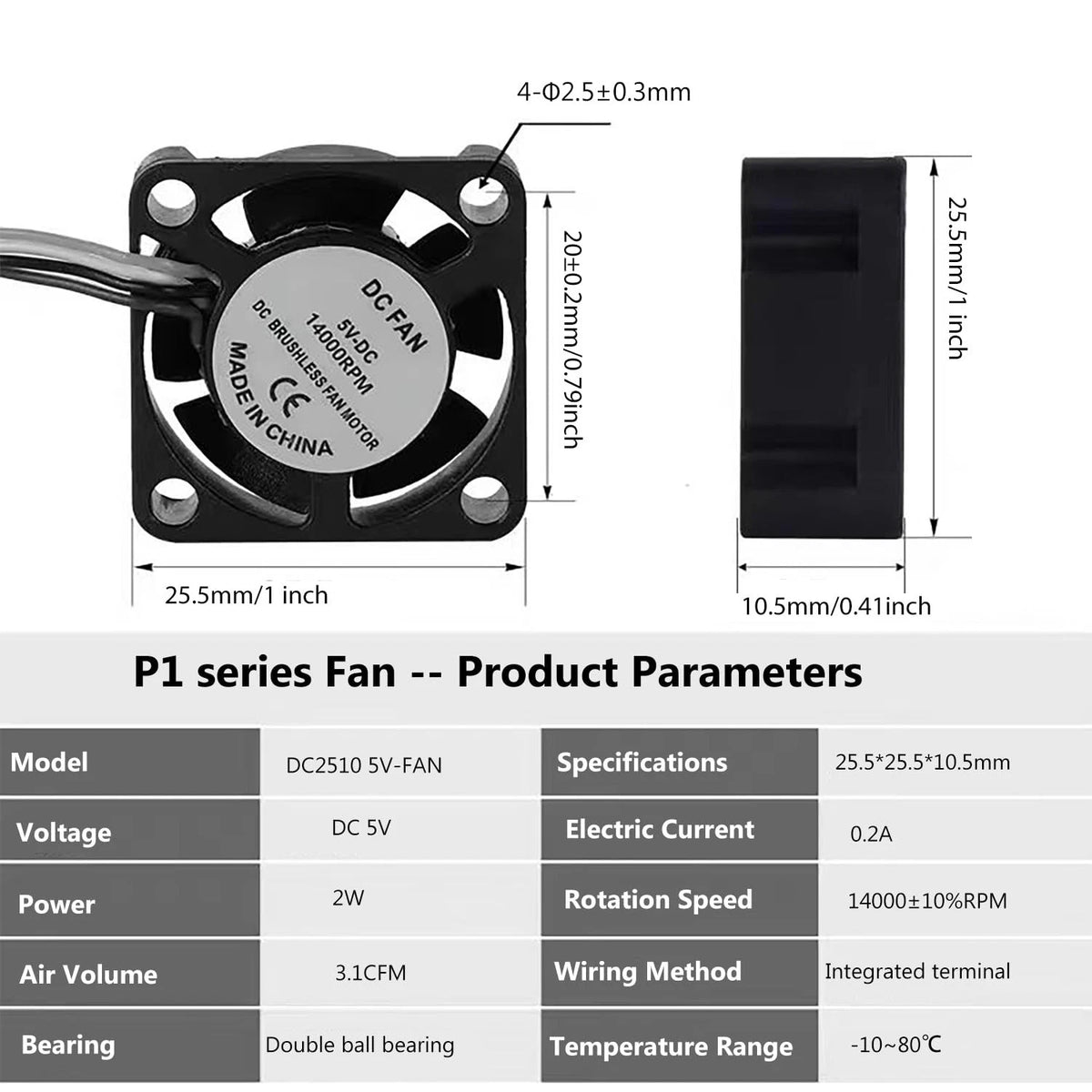 2PCS P1P/P1S DC5V 2510 Extruder Hotend Cooling Fan of 2510 for
