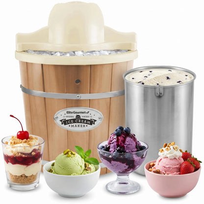 Elite Gourmet EIM-924L 4Qt Old Fashioned Wood Bucket Ice Cream 4 Quart,