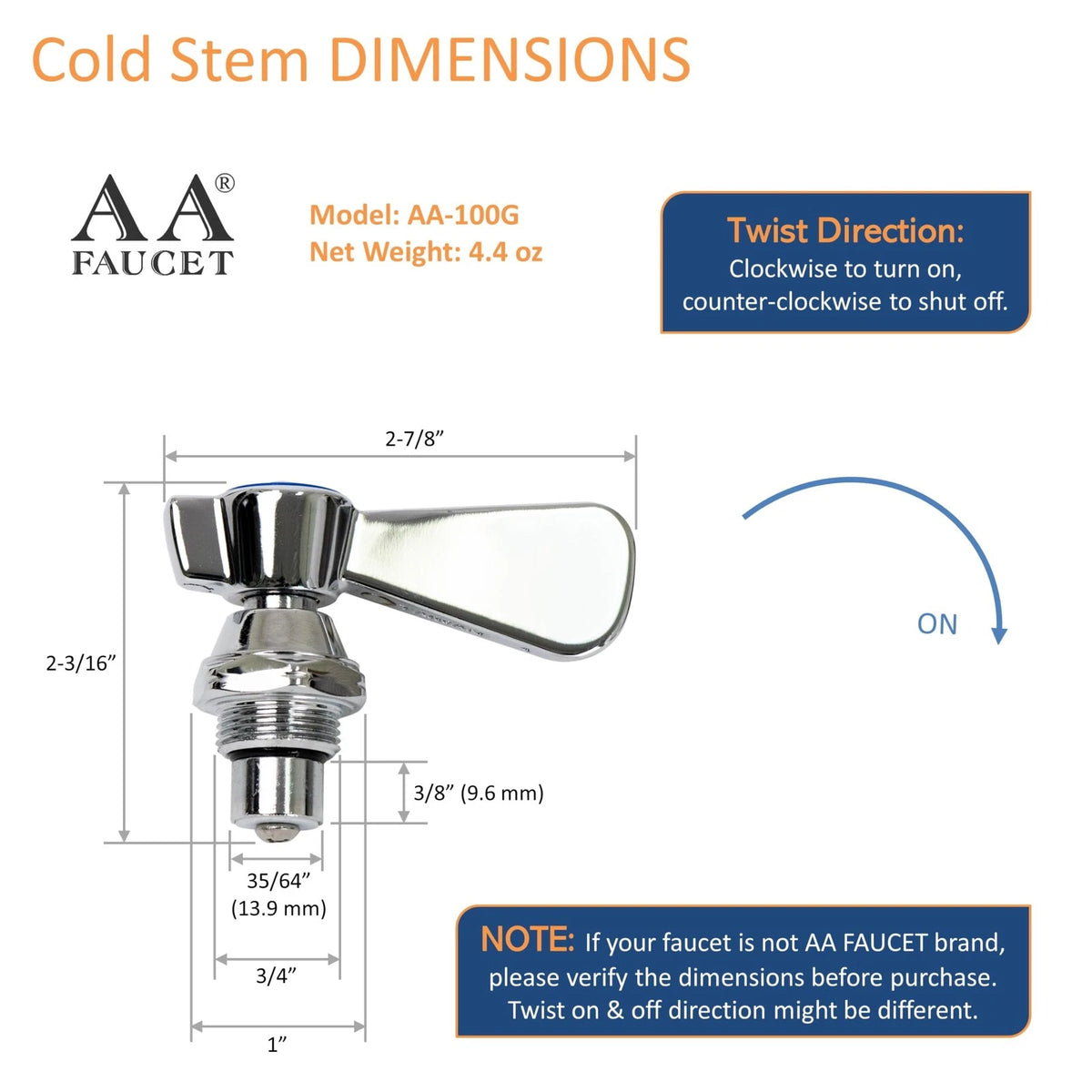 AA Faucet AA-100G Cold Replacement Stem Check with B-Handle Blue