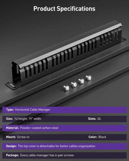 VCELINK 1U Server Rack Cable Management 24-Slot, 1 Pack of 1u 24-slot, Black