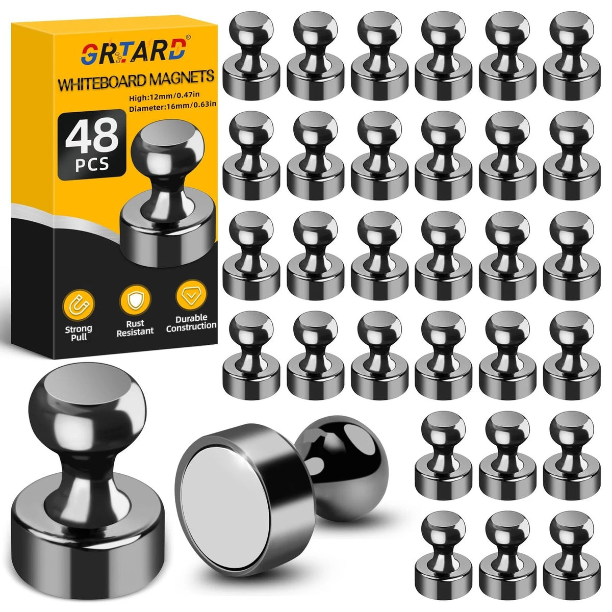 Grtard 48 Pack Black Magnetic Push Pins, Fridge Magnets for 48 Pack,