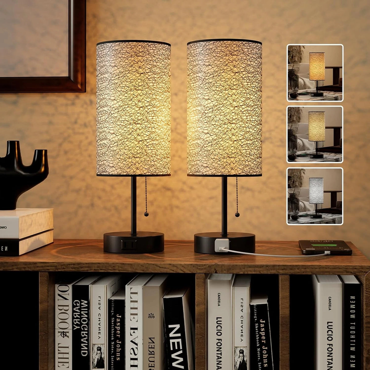 Table Lamp for Bedroom,Nightstand Bedside with AC 2PCS, Black-OnlyAC