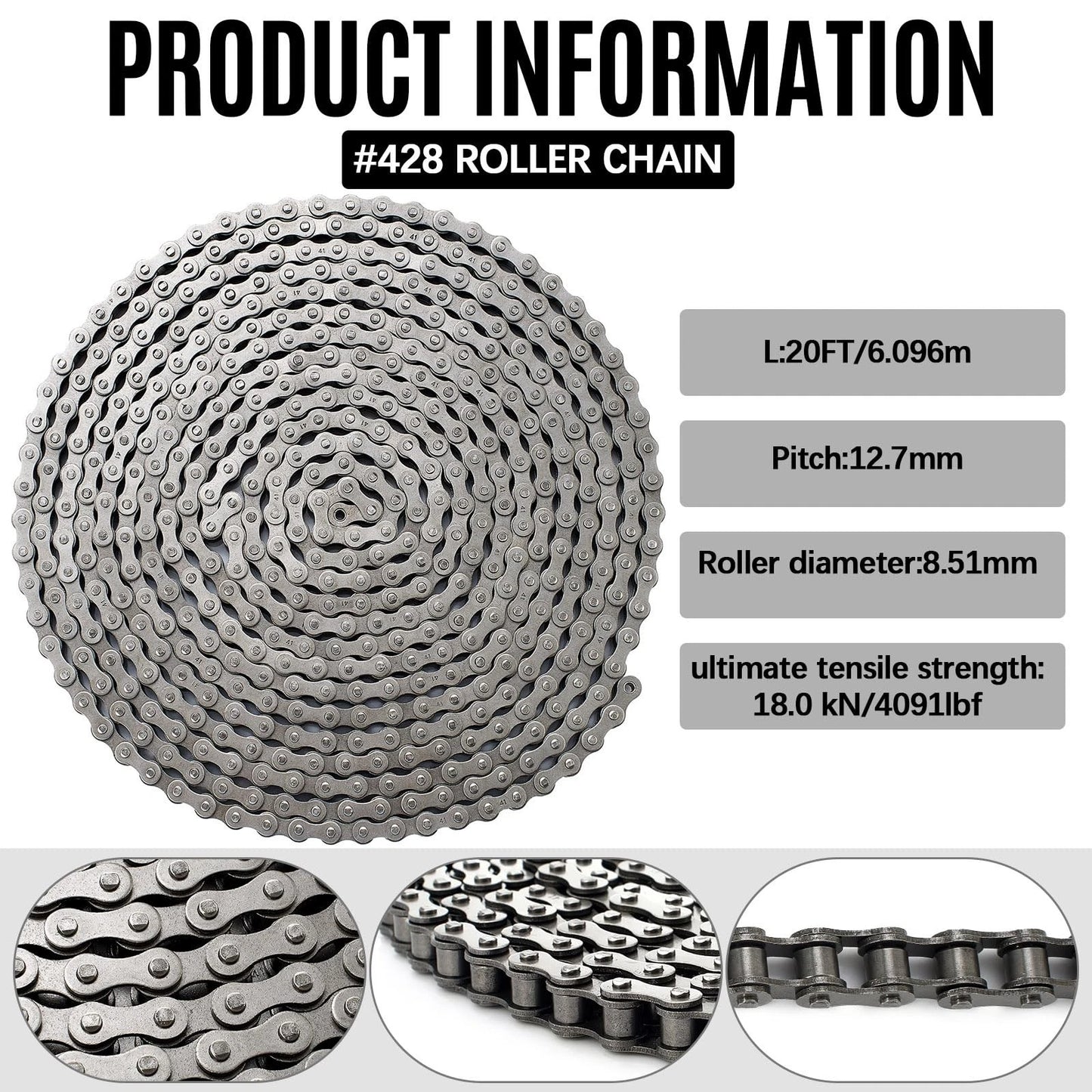 Tandefio #428 20 ft Roller Chain for Gate Openers Carbon Steel 20 ft, black