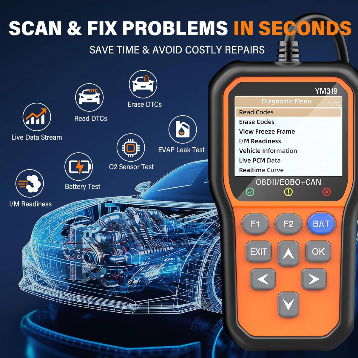BluSon YM319 OBD2 Scanner Diagnostic Tool with Battery Tester, Check Orange