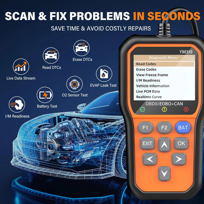 BluSon YM319 OBD2 Scanner Diagnostic Tool with Battery Tester, Check Orange