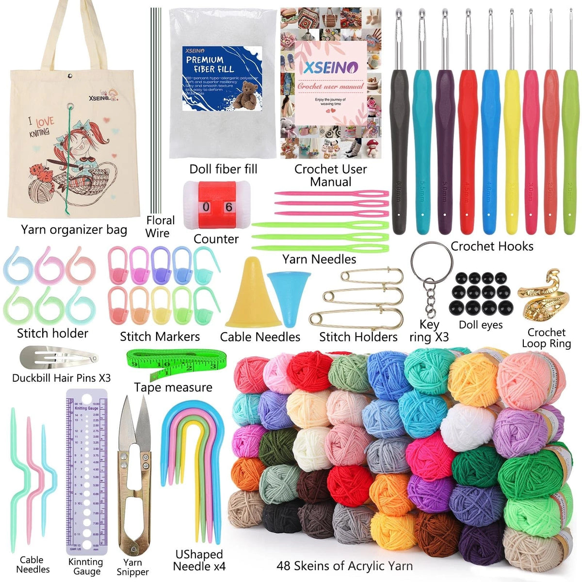 XSEINO Crochet Kit with Hooks Yarn Set - Premium Kit-40Colors
