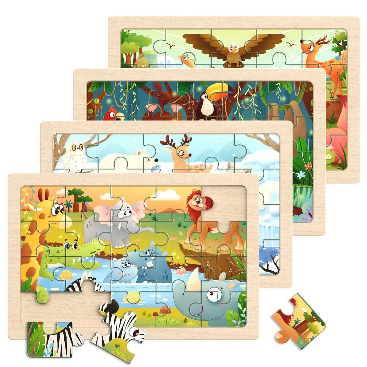 Zeoddler Wooden Puzzles for Toddlers, 4 Pack Animal Jigsaw 11.8 x 8 inches