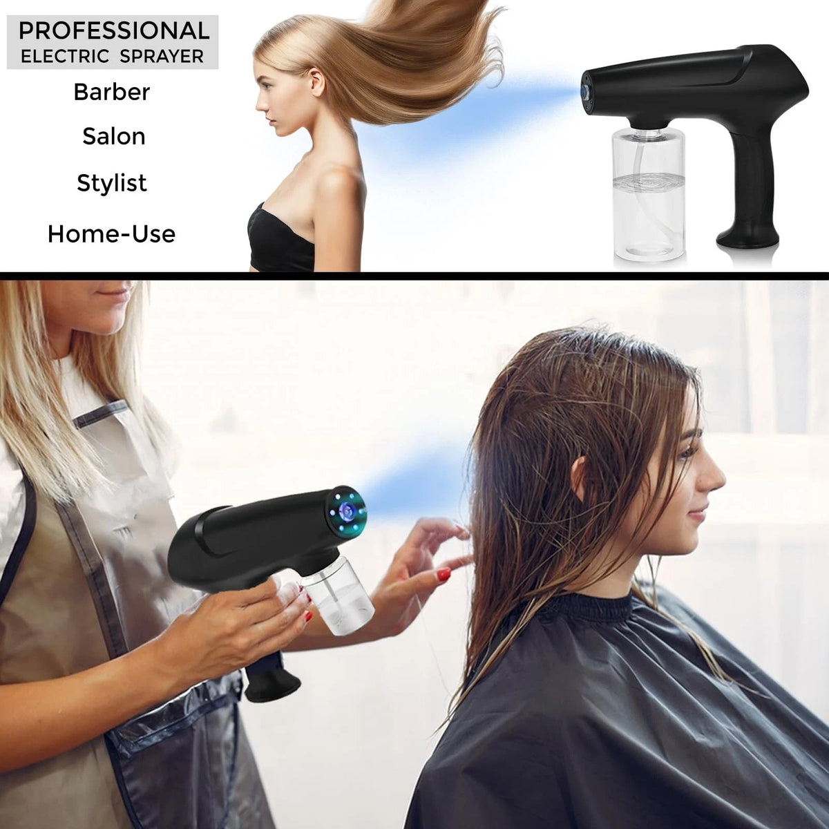 Hovinke Barber Spray Bottle with Blue Light, Rechargeable 11.5 Ounces, Black