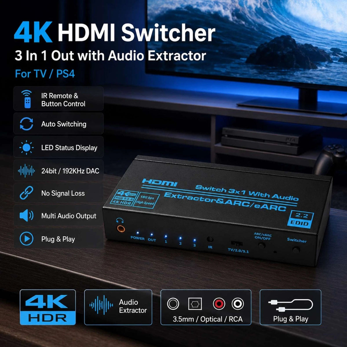 HDMI 3X1 Switch Splitter Audio Extractor 4K 1080P Video Converter For PS4 TV PC