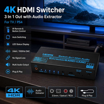 HDMI 3X1 Switch Splitter Audio Extractor 4K 1080P Video Converter For PS4 TV PC