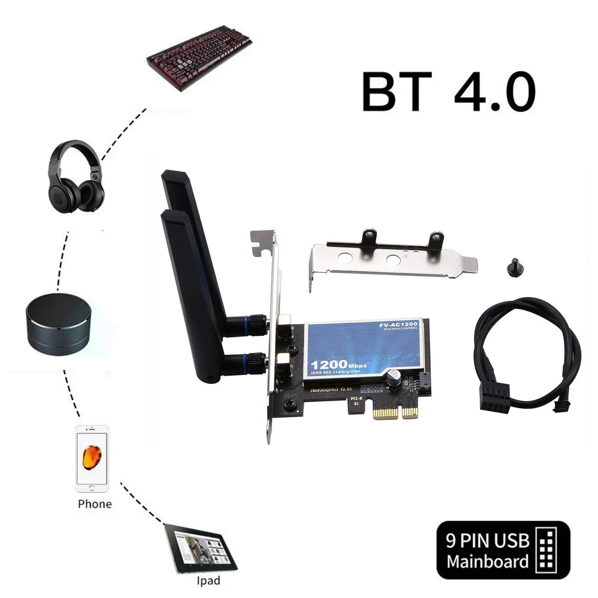 FV-AC1200 WiFi Adapter PCIe Dual Band 802.11ac Bluetooth 4.0 w/ 2 Antennas