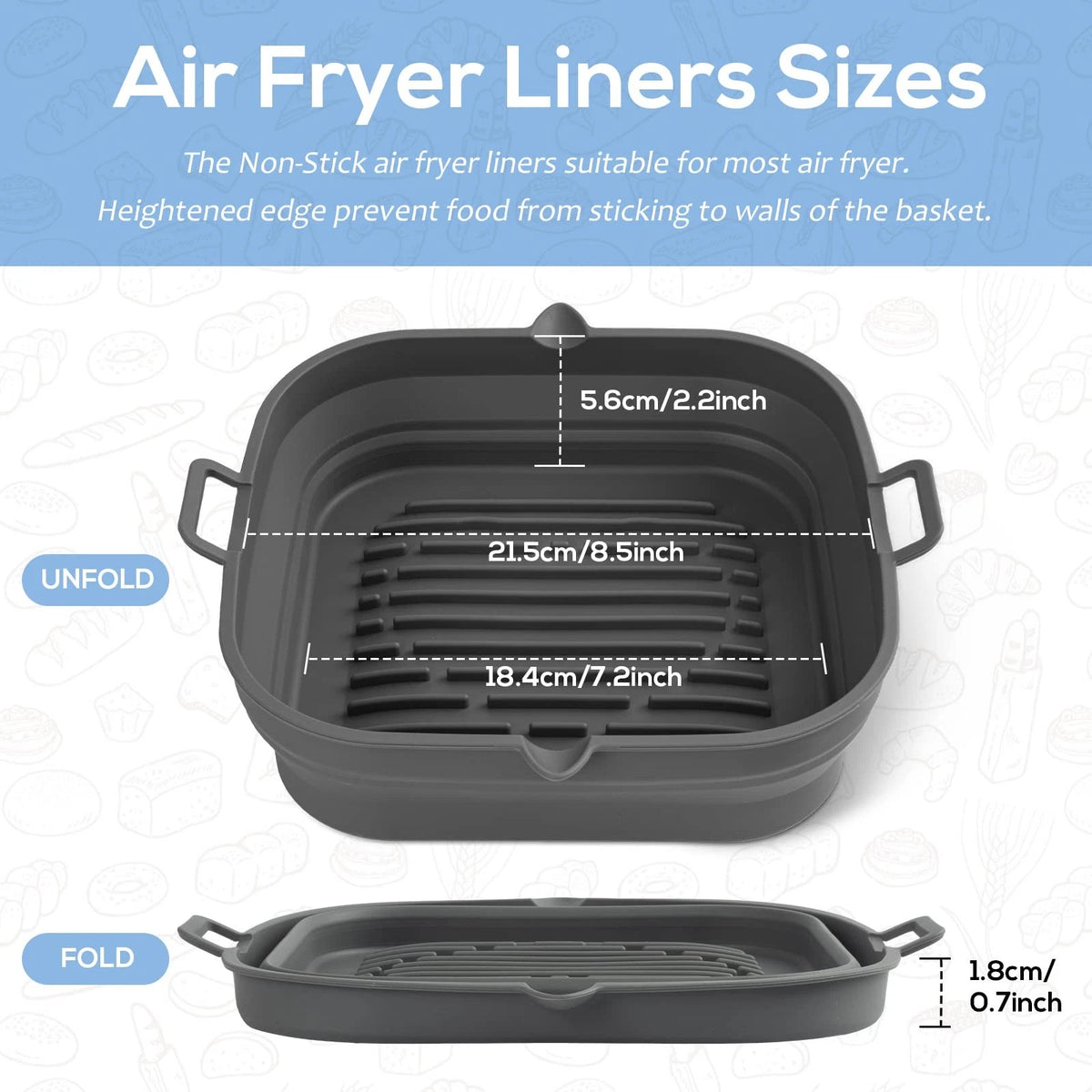 Loveuing Silicone Air Fryer Liners Square - Reusable 8.5"L x 2.2"W, Gray