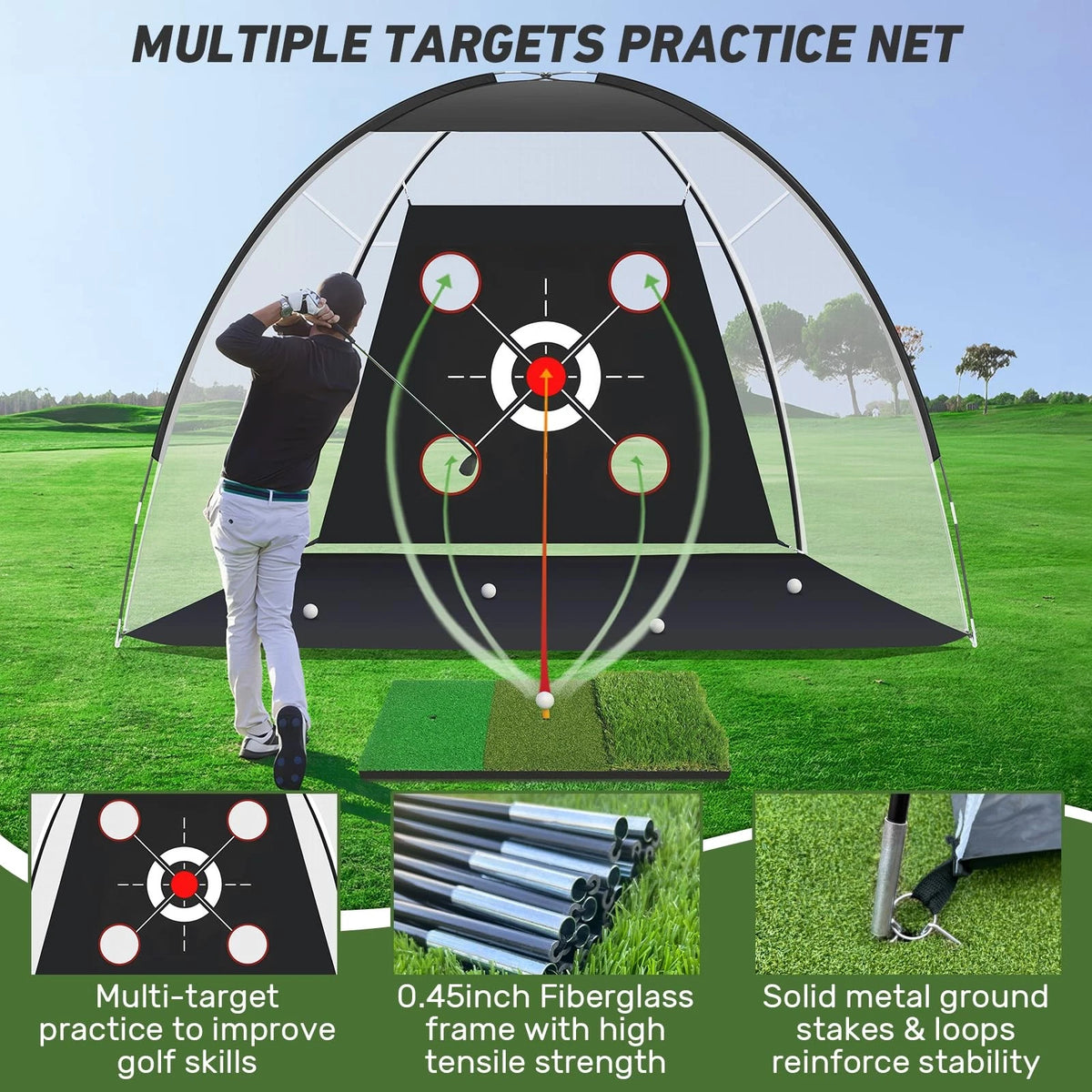 KLAODOT Golf Net with Practice Mat,Golf Hitting 10*7, Black/White/Red/Green