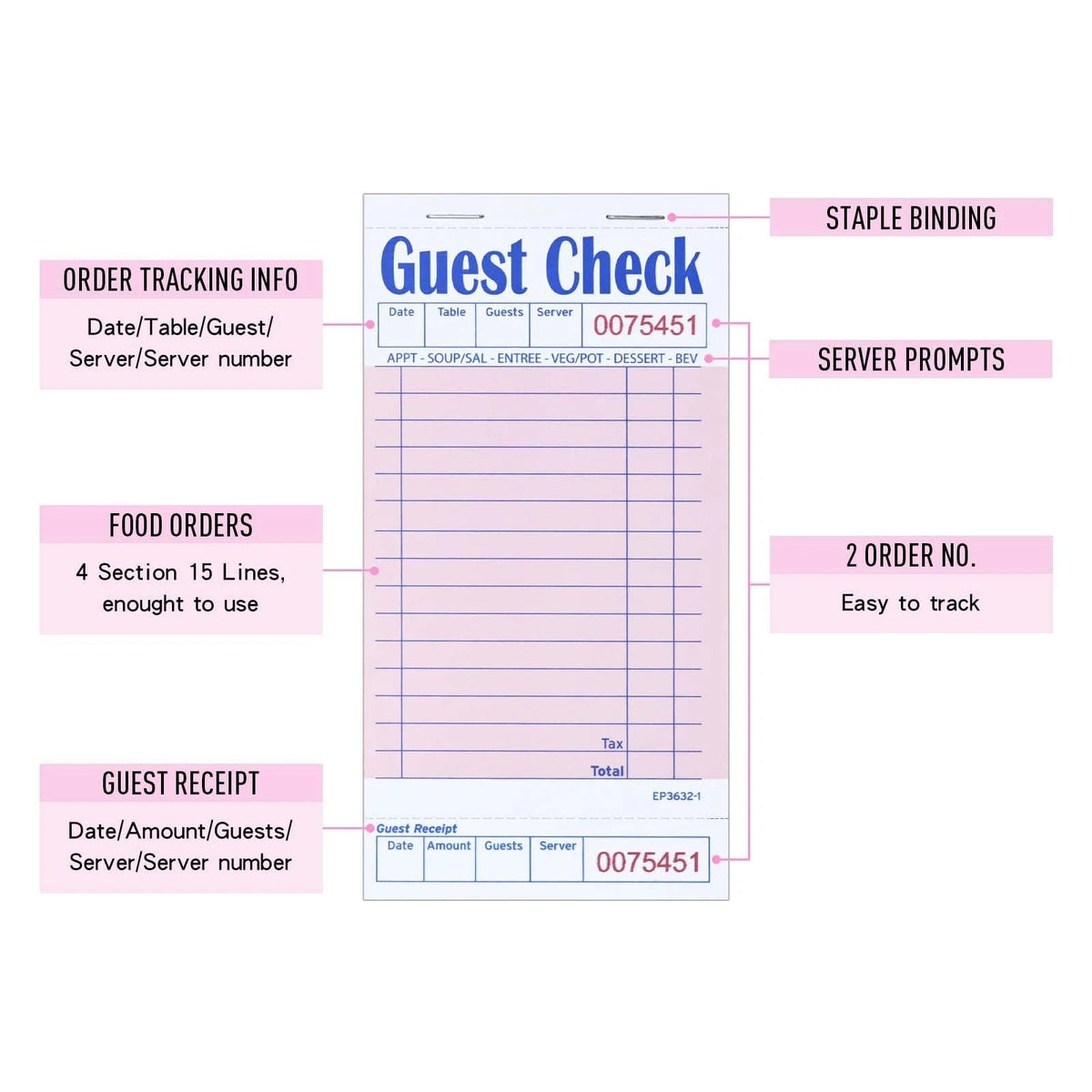 DGBDPACK Guest Check Pads for Servers - Thick Paper (6 6 Pack--Pink, Pink