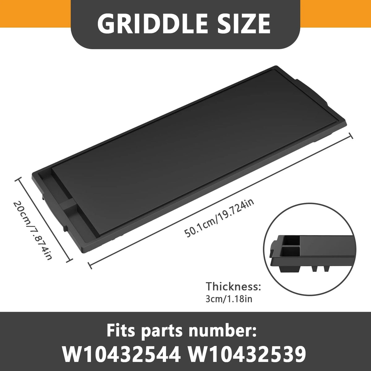 Heavy-duty Cast Iron W10432544 Griddle Replacement 19.7" x 7.9" x 1.2", Black