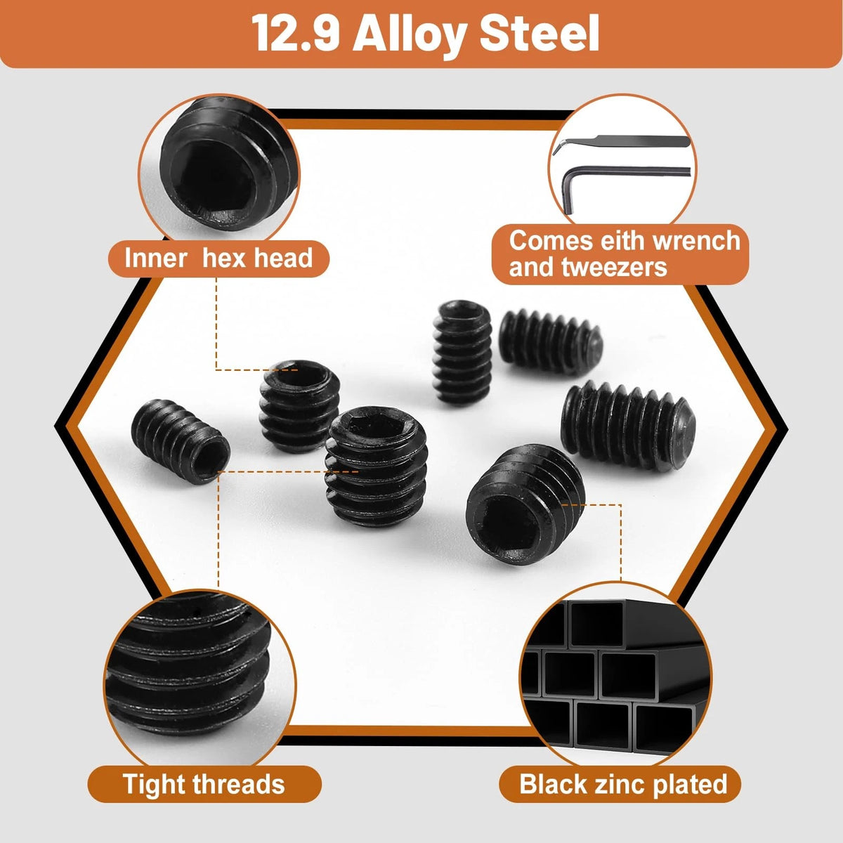 500 Pcs 25 Size Set Screws M3-M8, 1/8-40 to 5/16-18, Black-Metric&SAE-500