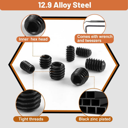 500 Pcs 25 Size Set Screws M3-M8, 1/8-40 to 5/16-18, Black-Metric&SAE-500