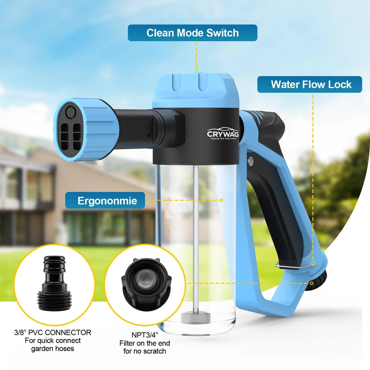 Car Wash Foam Gun for Garden Hose, with Microfiber Universal Size, Blue