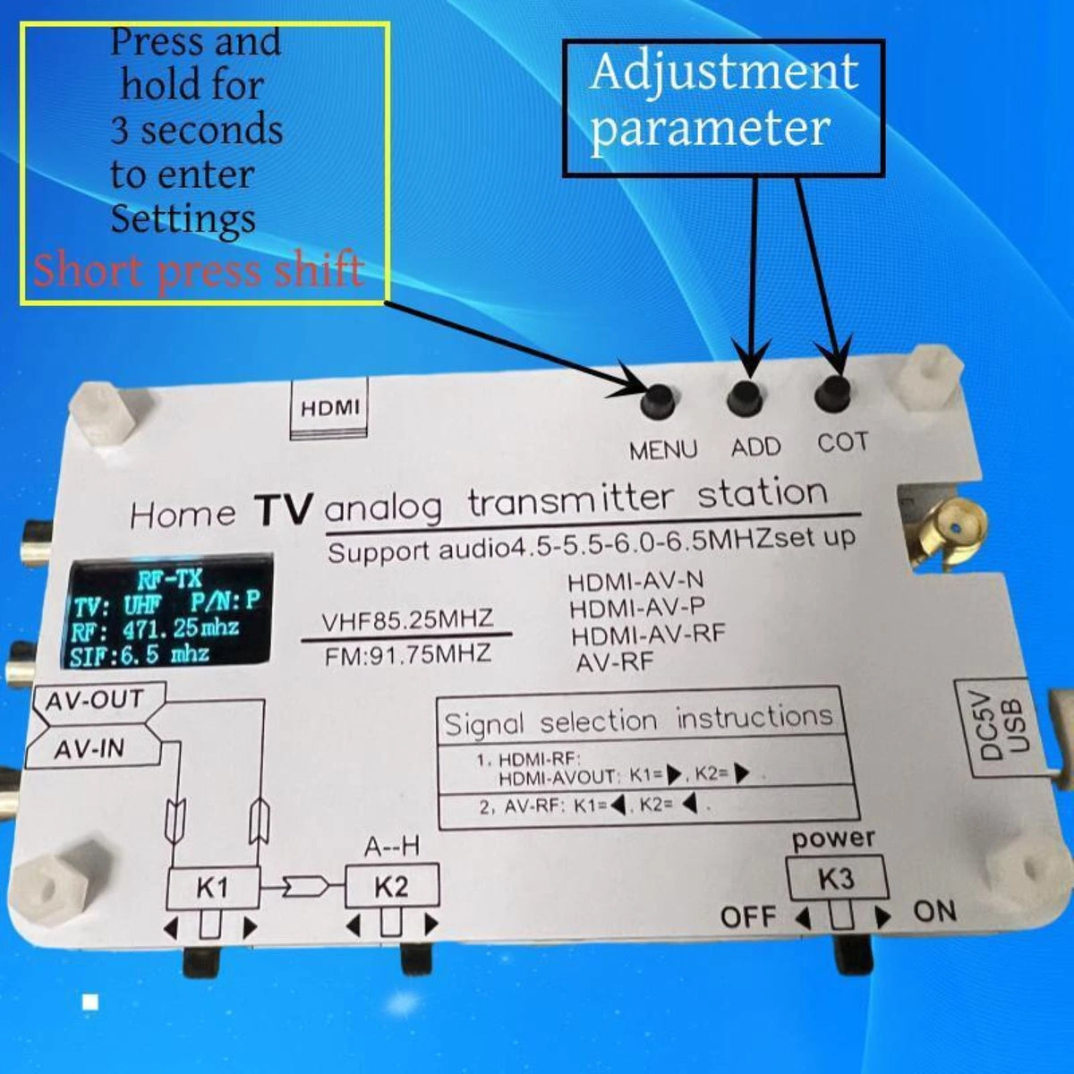 DC 5V Analog TV Signal Transmitter Home Analog TV Transmitter OLED Display