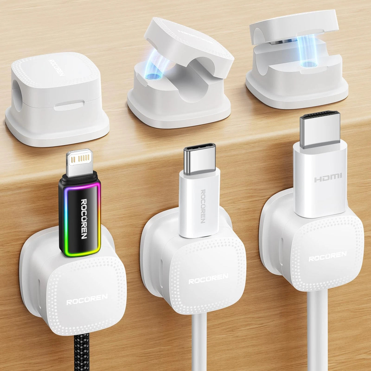 6-Pack Magnetic Cable Clips, Rocoren Smooth Adjustable 6Pack, 6-White