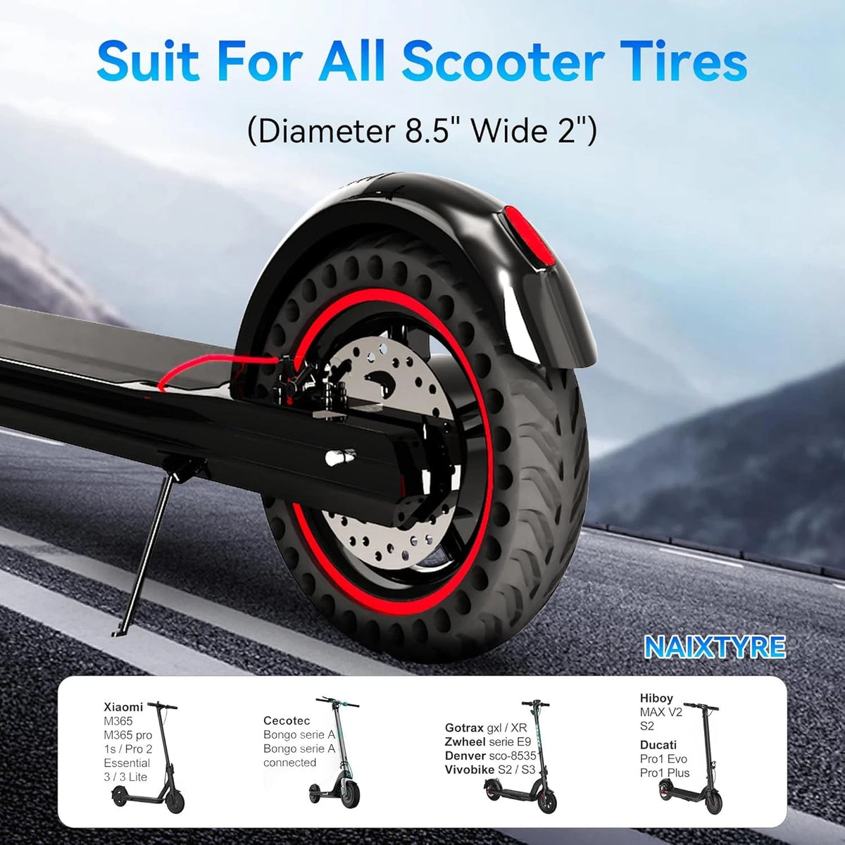 8.5x2 '' inch solid tires for electric scooters. This tire is 8.5Inches