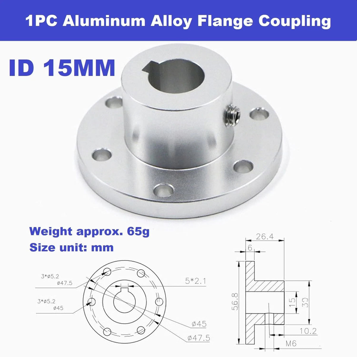 MiJunHD Aluminum Alloy Flange Coupling, 15 mm Inner Dia with 15mm, Silver
