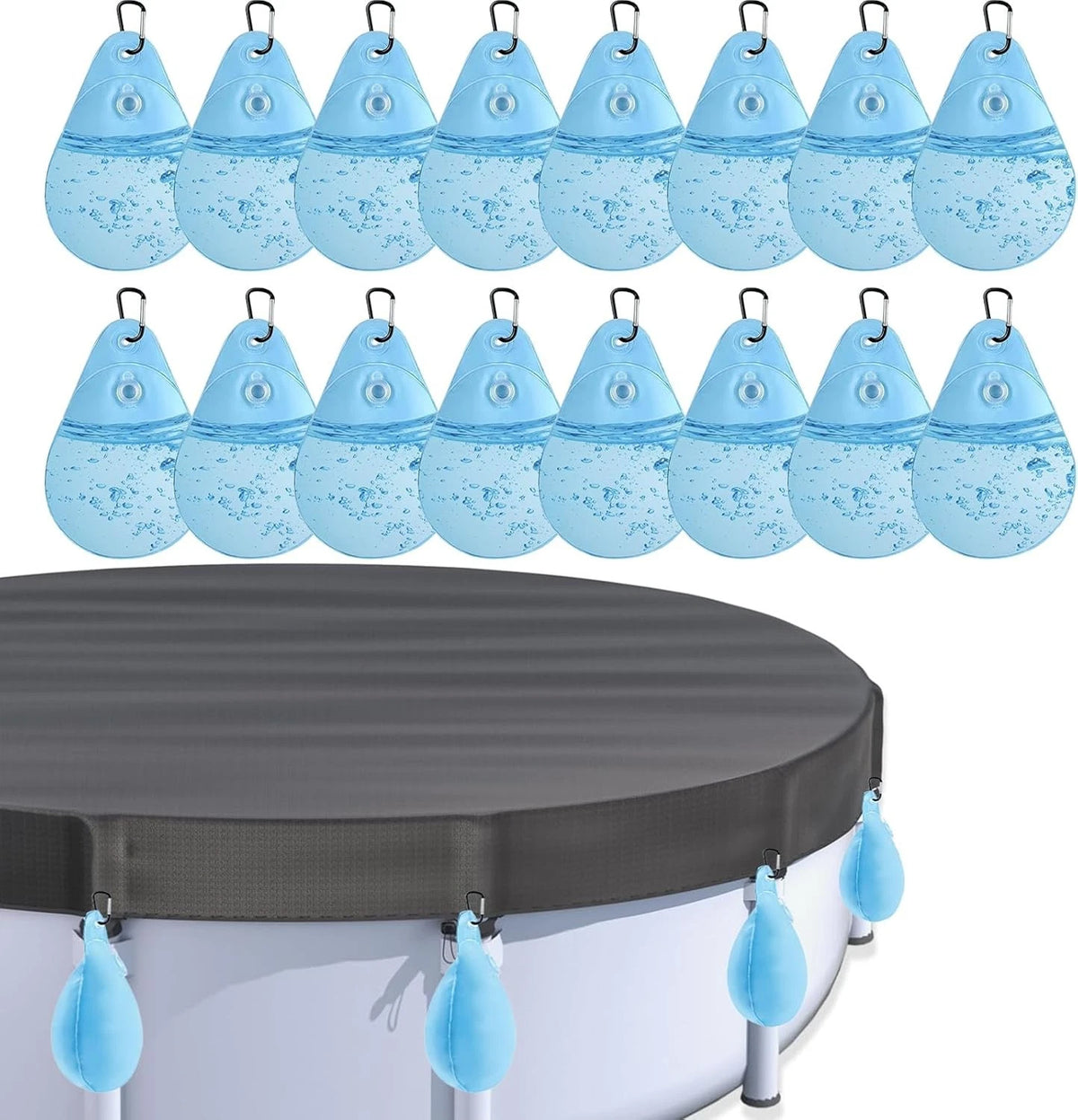 16 Pack Pool Cover Weights with Hooks, PVC Tarp Hanging Bags for Light Blue