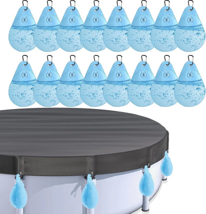 16 Pack Pool Cover Weights with Hooks, PVC Tarp Hanging Bags for Light Blue