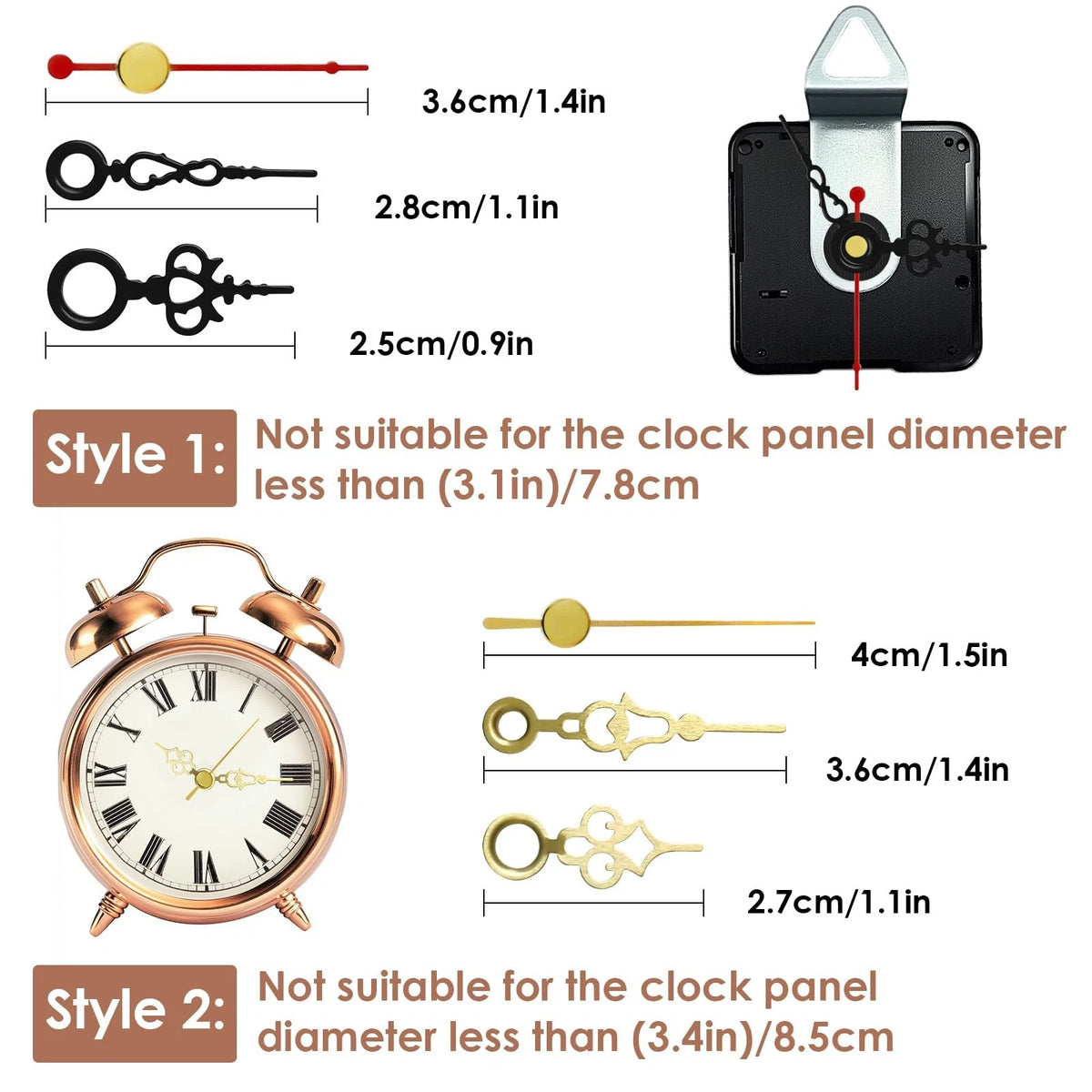3PCS Clock Mechanism Replacement Kit with 8 Pairs + 8 Pairs, Black