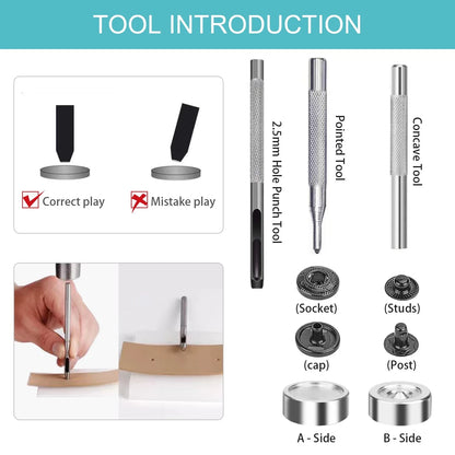 45 Set Leather Snap Fasteners Kit, 15mm Stainless Silver, Bronze, Jet Black