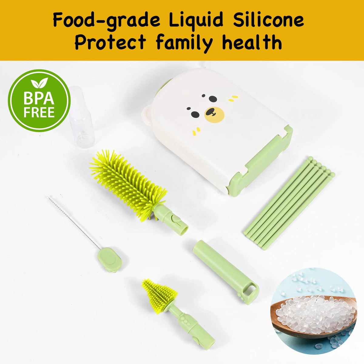 Portable 7-in-1 Baby Bottle Brush Set, Travel Cleaner Kit for Green