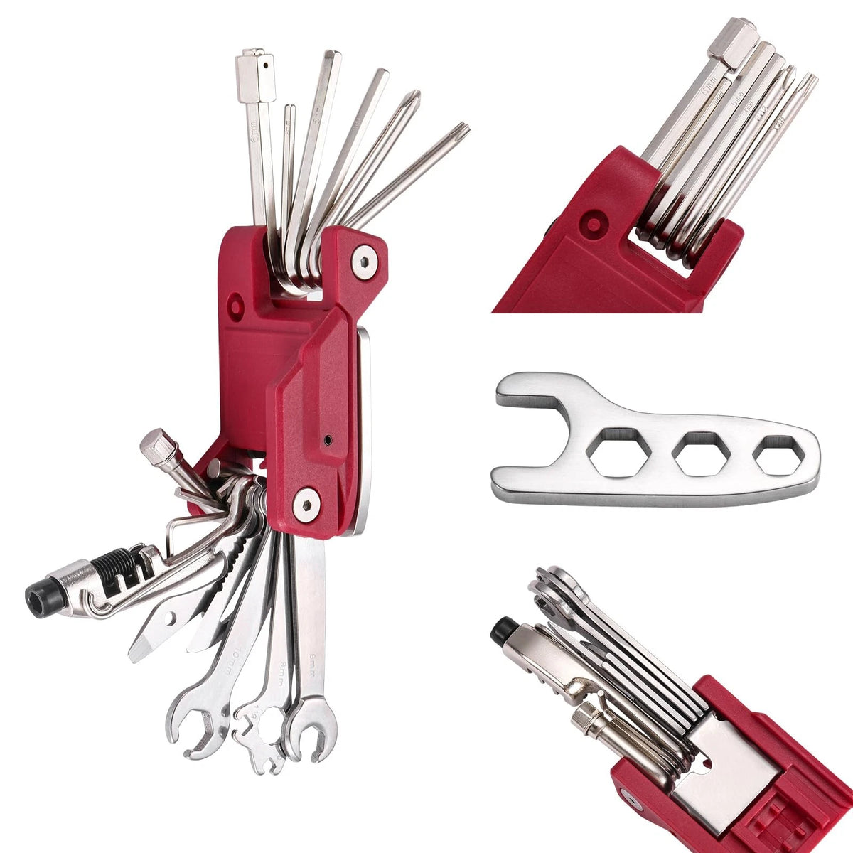 BONNEAIDE 21 Bike Repair Multitool Kit with Carry Case, Portable Silver, Red