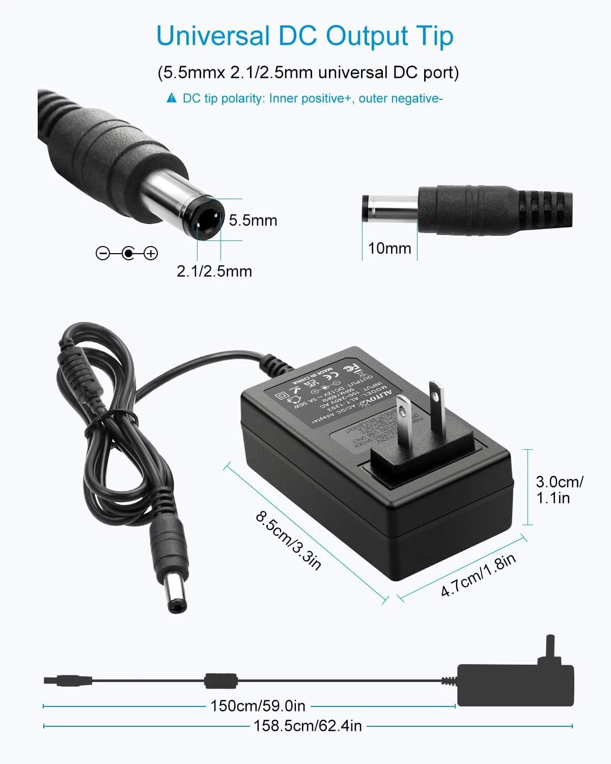 ALITOVE 12V 3A Power Supply Adapter 100~240V AC to DC 12 Volt 3 Tip, Black